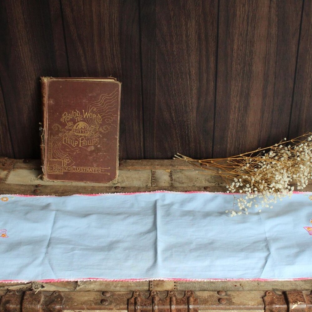 Vintage 1950s Table Runner, Blue Linen with Embroidered Woman and Flowers - Picture 7 of 10